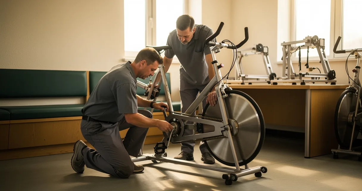Two technicians inspect the resistance mechanism of an unoccupied exercise bicycle