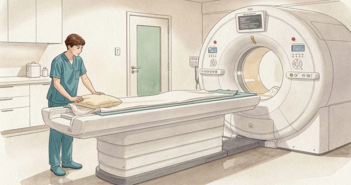 An imaging technician prepares the table of an empty MRI scanner