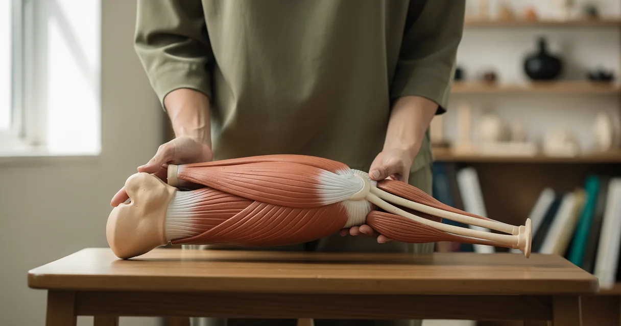 An instructor holds a large anatomical muscle model beside a teaching bench